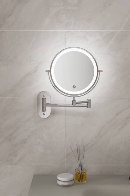 Fascinate Wall-mounted Extendable Bathroom Mirror Dimmable LED 10x Magnified in Silver - image 1