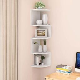 VOGREX 5 Tier Floating Corner Shelves Wall Mount Wooden Display Storage UK in White - thumbnail 4