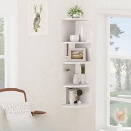 VOGREX 5 Tier Floating Corner Shelves Wall Mount Wooden Display Storage UK in White - thumbnail 6