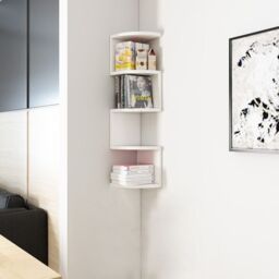 VOGREX 5 Tier Floating Corner Shelves Wall Mount Wooden Display Storage UK in White - thumbnail 3