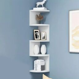 VOGREX 5 Tier Floating Corner Shelves Wall Mount Wooden Display Storage UK in White - thumbnail 5