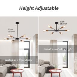 Garwarm 6-Light Metal Black Ceiling Light Adjustable Height Modern Sputnik Chandelier - thumbnail 4