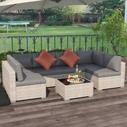 OUTSUNNY 4 Pieces Patio Rattan Wicker Sofa Set Outdoor Conservatory Furniture Set in Grey - thumbnail 1
