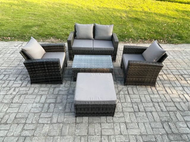Fimous Outdoor Lounge Sofa Set Wicker PE Rattan Garden Furniture Set with Coffee Table Double Seat Sofa Dark Grey Mixed