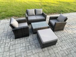 Fimous Outdoor Lounge Sofa Set Wicker PE Rattan Garden Furniture Set with Coffee Table Double Seat Sofa Dark Grey Mixed - thumbnail 2