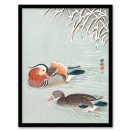 Artery8 Ohara Koson Framed Wall Art Print Two Mandarin Ducks in Snow - Size: A4 - thumbnail 1