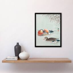 Artery8 Ohara Koson Framed Wall Art Print Two Mandarin Ducks in Snow - Size: A4 - thumbnail 2