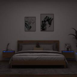 Berkfield Home Wall-mounted Bedside Cabinets with LED Lights 2 pcs Brown Oak - thumbnail 2