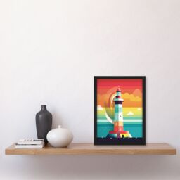 Artery8 Lighthouse Mid Century Modern Colourful Flat Style Bathroom Art Kids Cheerful Artwork Framed Wall Art Print A4 in Black - thumbnail 4