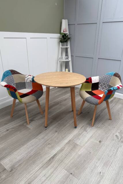 Life Interiors Patchwork Halo Dining Set for 2 - a Round Dining Table & Set of 2 Fabric Dining Chairs in Light Brown - image 1
