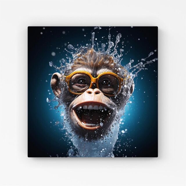 Warren Reed - Designer Splashart Cheeky Chimp Face With Glasses Canvas in Blue - Size: w40 inch x h40 inch - image 1