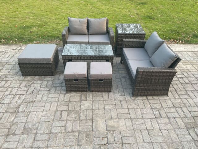 Fimous 7 Seater High Back Rattan Garden Furniture Sofa Sets with Rectangular Coffee Table Side Table 3 Footstools Loveseat Sofa Dark Grey Mixed - image 1