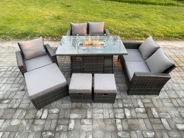 Fimous 8 Seater Rattan Outdoor Garden Furniture Gas Fire Pit Table Sets Gas Heater with Love Sofa Armchair 3 Footstools in Dark Grey