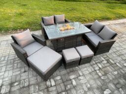 Fimous 8 Seater Rattan Outdoor Garden Furniture Gas Fire Pit Table Sets Gas Heater with Love Sofa Armchair 3 Footstools in Dark Grey - thumbnail 2