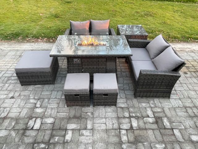 Fimous 7 Seater Rattan Garden Furniture Set Outdoor Lounge Sofa Chair Gas Fire Pit Dining Table Set With 3 Footstools Double Seat Sofa Side Table - image 1