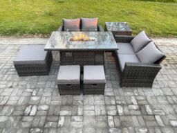 Fimous 7 Seater Rattan Garden Furniture Set Outdoor Lounge Sofa Chair Gas Fire Pit Dining Table Set With 3 Footstools Double Seat Sofa Side Table - thumbnail 1