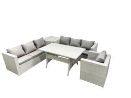 Fimous 5 Pieces Outdoor Rattan Sofa Set with Cushions Patio Garden Furniture Sets with Armchair Dining Table Side Table in Light Grey - thumbnail 2
