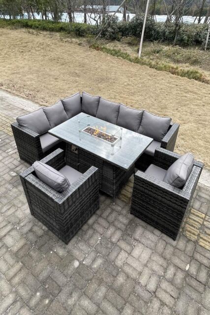 Fimous Rattan Garden Set Corner Furniture Gas Fire Pit Table Sets Heater 8 Seater in Dark Grey - image 1