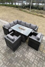 Fimous Rattan Garden Set Corner Furniture Gas Fire Pit Table Sets Heater 8 Seater in Dark Grey - thumbnail 1