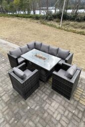 Fimous Rattan Garden Set Corner Furniture Gas Fire Pit Table Sets Heater 8 Seater in Dark Grey - thumbnail 4