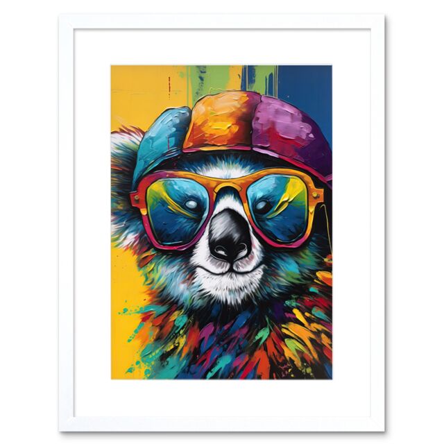 "Artery8 Wall Art Print Rainbow Koala Bear with Sunglasses & Hat Modern Artwork Framed 9X7 Inch in White - Size: W7"" x H9""" - image 1