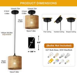NIVOR 1 light Relative Farmhouse Boho Wooden Pendant Adjustable Set of 3 in Light Brown - thumbnail 2