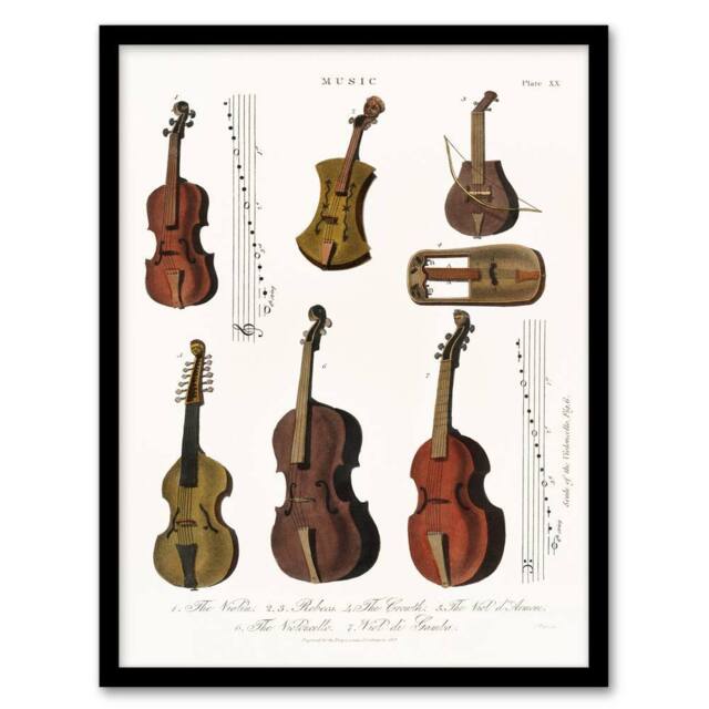 Artery8 Encyclopedia Londinensis Framed Wall Art Antique Violin Viola Cello in White - Size: A4 - image 1