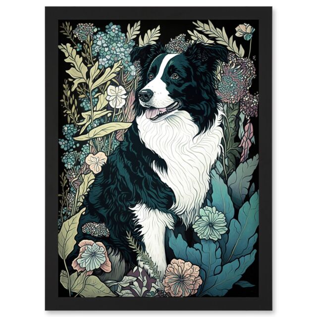 Artery8 Border Collie Dog in Wildflower Field Modern Illustration Artwork Framed Wall Art Print A4 in Black - image 1