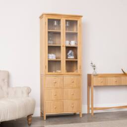 Melody Maison Large Curved Pale Wood Glass Fronted Display Cabinet - Austin Wood Range in Brown