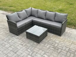 Fimous 6 Seater Outdoor Garden Furniture Set Wicker PE Rattan Corner Sofa Set with Square Coffee Table Dark Grey Mixed - thumbnail 2