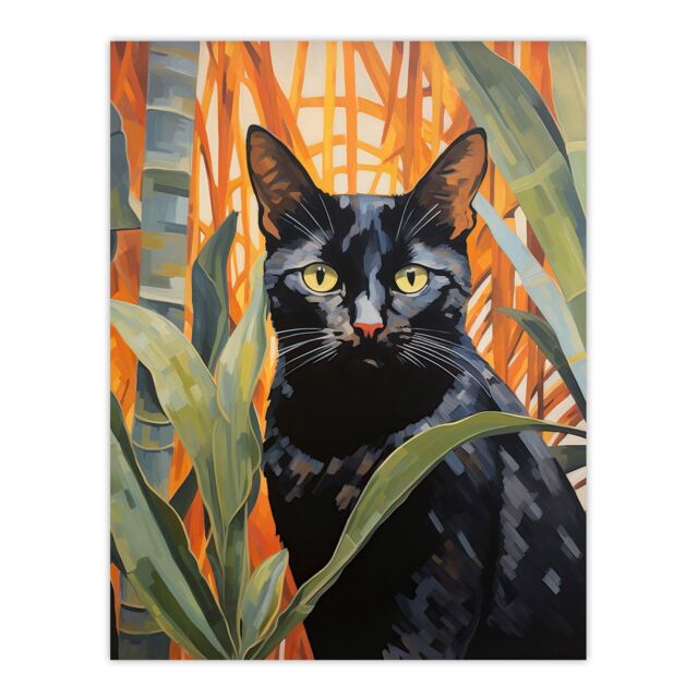 "Wee Blue Coo Wall Art Print Botanical Black Cat Lovers Portrait Living Room - Size: W24"" x H32""" - image 1
