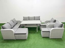 Fimous PE Rattan High Back Lounge Sofa Set Patio Rectangular Dining Table & Chairs Set with 3 Seater Sofa Reclining Chair 3 Stools Light Grey - thumbnail 1