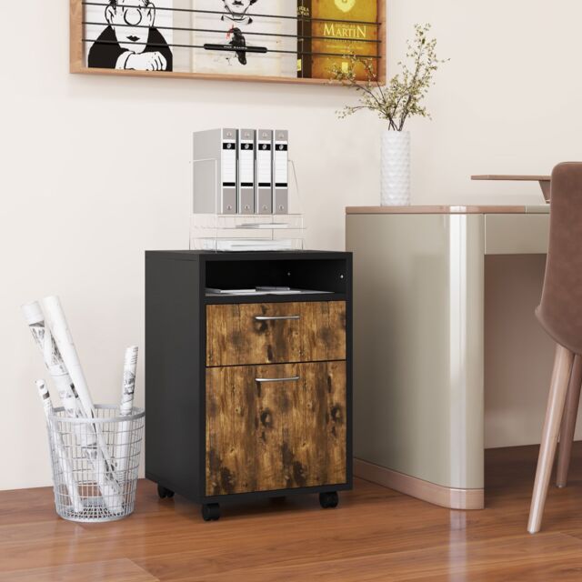 HOMCOM 60cm Filing Cabinet with Drawers & Open Shelf, Rustic Brown - image 1