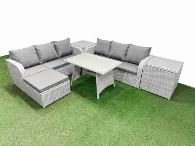 Fimous Rattan High Back Lounge Sofa Set with 3 Seater Sofa 2 Side Tables in Light Grey - image 1