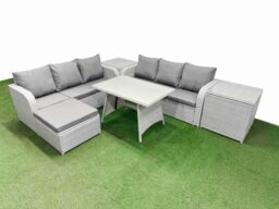 Fimous Rattan High Back Lounge Sofa Set with 3 Seater Sofa 2 Side Tables in Light Grey - thumbnail 1