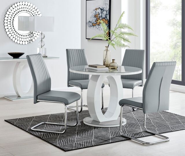 FurnitureboxUK Giovani Round 4 Seat 100cm White High Gloss Unique Halo Base Grey Glass Top Dining Table 4 Soft Faux Leather Lorenzo Chairs in Mustard - image 1