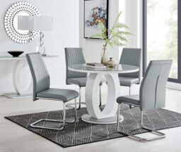 FurnitureboxUK Giovani Round 4 Seat 100cm White High Gloss Unique Halo Base Grey Glass Top Dining Table 4 Soft Faux Leather Lorenzo Chairs in Mustard