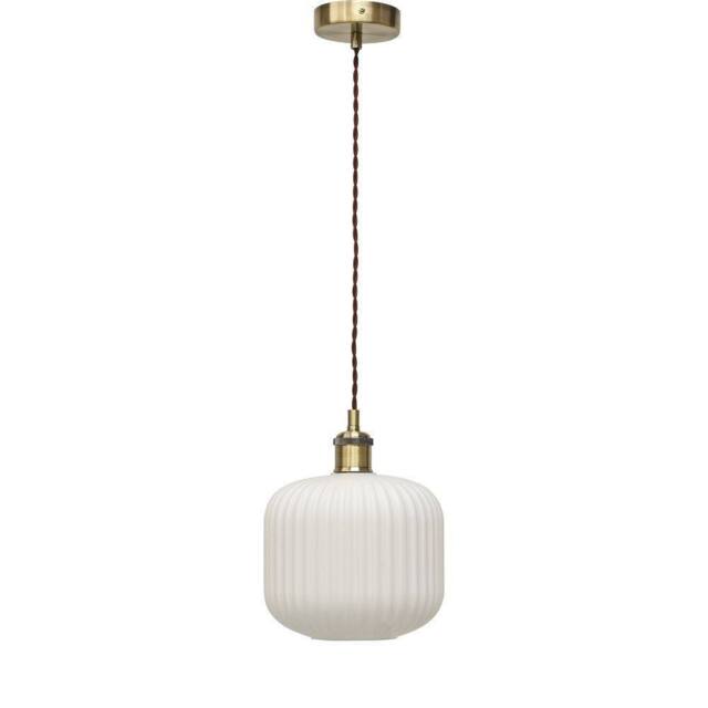 First Choice Lighting Bento - White Ribbed Glass Antique Brass Retro Pendant Fitting - image 1