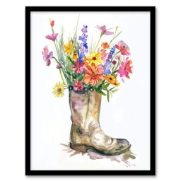"Artery8 Colourful Wildflower Bouquet in Army Boot Vase Framed Art Print - Size: W12"" x H16""" - thumbnail 1