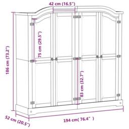 Berkfield Home Wardrobe Corona 194x52x186 cm Solid Wood Pine in Light Brown - Size: 194 x 52 x 186 cm - thumbnail 9