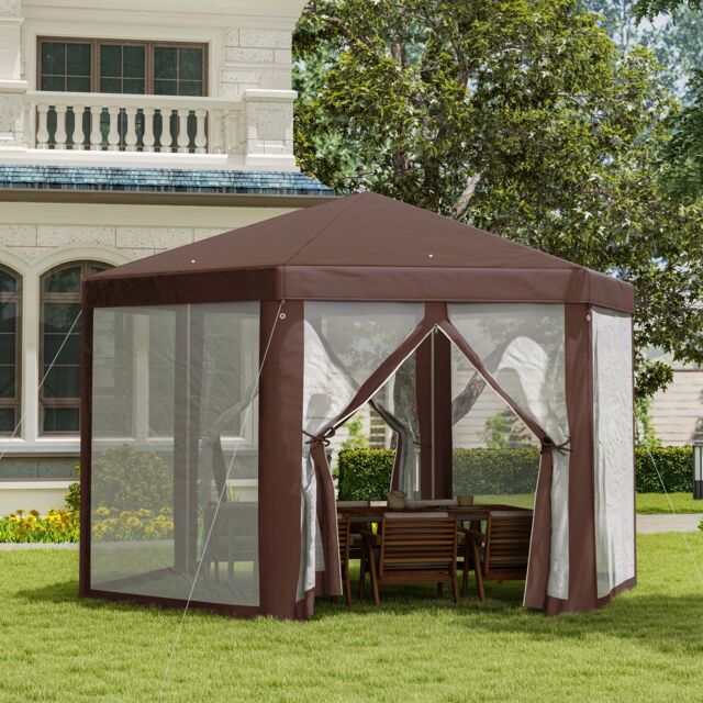 OUTSUNNY Hexagonal Garden Gazebo Party Tent Patio Marquee Canopy in Brown - image 1