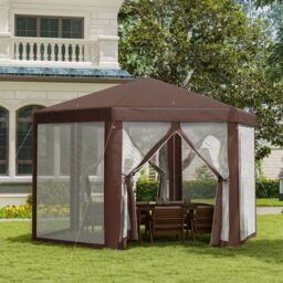 OUTSUNNY Hexagonal Garden Gazebo Party Tent Patio Marquee Canopy in Brown - thumbnail 1