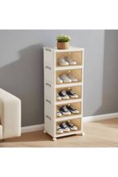 Living and Home 5-Tier Foldable Shoe Cabinet with Wheels Rolling Storage Box 39cm W x 28cm D in Cream - Size: Large - thumbnail 3