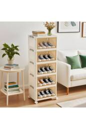 Living and Home 5-Tier Foldable Shoe Cabinet with Wheels Rolling Storage Box 39cm W x 28cm D in Cream - Size: Large - thumbnail 5