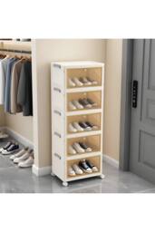 Living and Home 5-Tier Foldable Shoe Cabinet with Wheels Rolling Storage Box 39cm W x 28cm D in Cream - Size: Large - thumbnail 4