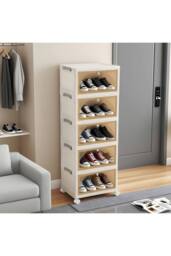 Living and Home 5-Tier Foldable Shoe Cabinet with Wheels Rolling Storage Box 39cm W x 28cm D in Cream - Size: Large - thumbnail 2