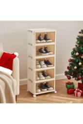 Living and Home 5-Tier Foldable Shoe Cabinet with Wheels Rolling Storage Box 39cm W x 28cm D in Cream - Size: Large