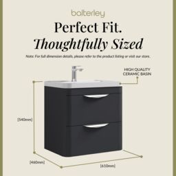 Balterley Wall Hung 2 Drawer Bathroom Vanity Unit & Ceramic Basin, Grey, 550mm in Grey - thumbnail 5