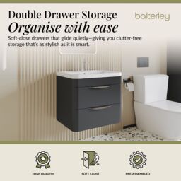 Balterley Wall Hung 2 Drawer Bathroom Vanity Unit & Ceramic Basin, Grey, 550mm in Grey - thumbnail 2