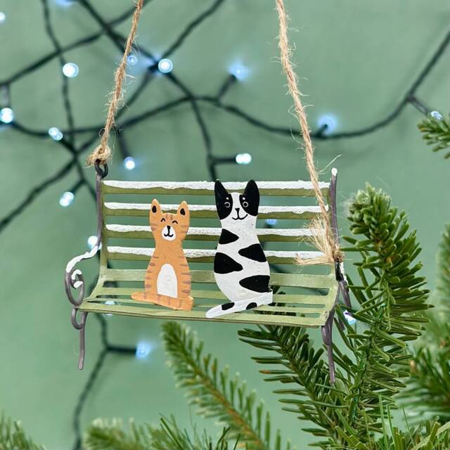 The Alphabet Gift Shop Cats On A Park Bench Bauble in Brown